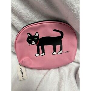 Marc Tetro Black Cat Pink Cosmetic Makeup Bag Zip Pouch Striped Lining NWT